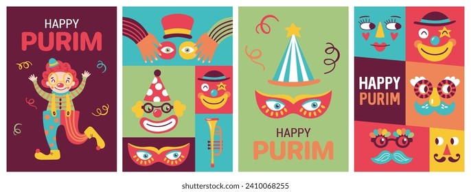 Purim Carnival Grußkartenset mit süßer Karnevalmaske und Hut. Kinderausdruck für Karten, Poster und Einladung