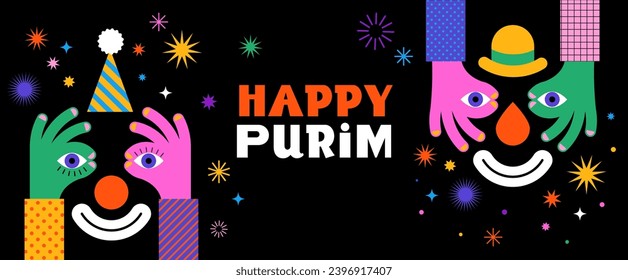 Purim Carnival, Happy Carnival, colorful geometric background with clown, splashes, speech bubbles, masks and confetti. Vector design