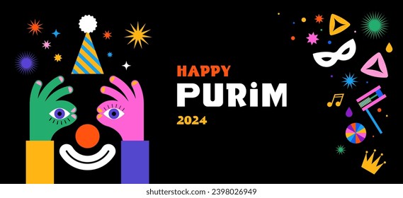 Purim Carnival, Happy Carnival, colorful geometric background with clown, splashes, speech bubbles, masks and confetti. Vector design