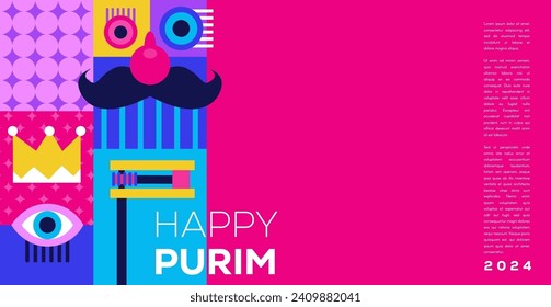 Purim Carnival, Happy Carnival, colorful geometric background with clown, splashes, speech bubbles, masks and confetti. Vector design