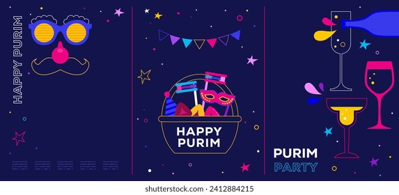 Purim Carnival, Happy Carnival, colorful geometric background with clown, splashes, speech bubbles, masks and confetti. Vector design