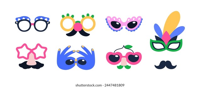 Purim carnival masks and glasses set. Festive Jewish holiday decorations, eyeglasses. Creative funny party costume accessories for celebration. Flat vector illustration isolated on white background