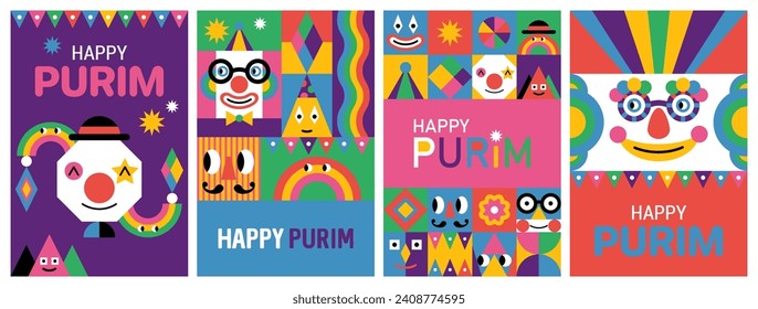 Purim carnival modern poster design in trendy geometrical style. Template for greeting cards, banner, social media and sale marketing