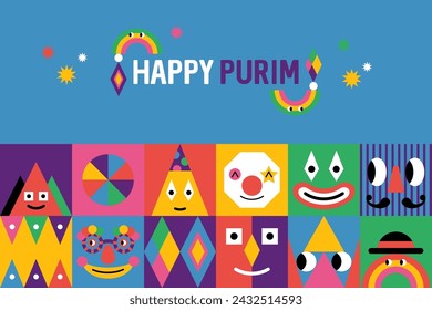 Purim carnival diseño de póster moderno en estilo geométrico de moda. Plantilla para tarjetas de felicitación, banner, redes sociales y marketing de ventas