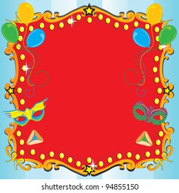 Purim Carnival Party Invitation Poster with red marquee, balloons, masks and hamentashen