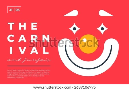 Purim carnival poster with clown mask and costume party vibe. Horizontal playful geometric layout with festive mood. Ideal for banners, flyers or invitations. Minimal flat vector illustration.
