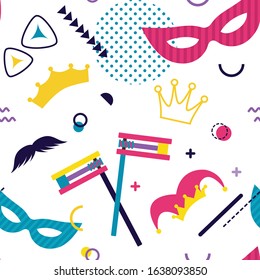 Purim carnival seamless pattern. Vector background with Jewish symbols, masks and costumes. pattern for party invitation, greeting card or banner