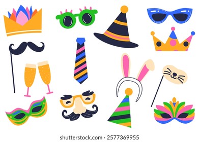 Purim carnival set in flat graphic design. Collection elements of crown, glasses, hat, mustache, champagne glass, mask nose, rabbit ears, other jewish holiday party accessory. Vector illustration.