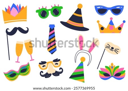 Purim carnival set in flat graphic design. Collection elements of crown, glasses, hat, mustache, champagne glass, mask nose, rabbit ears, other jewish holiday party accessory. Vector illustration.