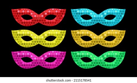 Purim celebrating masks. Set of colored shiny carnival masks.  Vector design elements