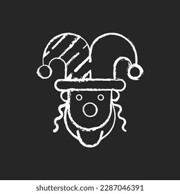 Purim celebration chalk white icon on black background. Jewish festival commemorating. Dressing up to synagogue. Carnival masquerade. Costume parties. Isolated vector chalkboard illustration