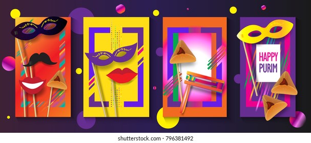 Purim-Fest-Konzept Grußplakat, Jüdisches Holiday-Set mit abstrakten Design-Bannern, traditionelle Symbole, Lärmpegel, Ratchet, Hamanaschenkekse, Maske, Papierschnitt-Kunst Israel-Zeichen