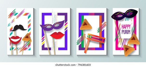 Purim celebration concept greeting poster, Jewish Holiday festive abstract design banners set, traditional symbols, noisemaker grogger, ratchet, hamantaschen cookies, masque paper cut art, Israel fest