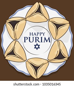 Purim celebration with delicious Hamantaschen cookies with poppy seed filling over a plate with greeting and a David's star.