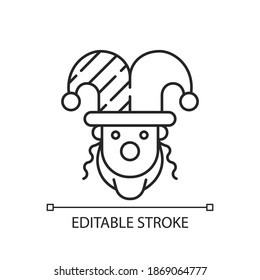 Purim celebration linear icon. Jewish festival commemorating. Dressing up to synagogue. Thin line customizable illustration. Contour symbol. Vector isolated outline drawing. Editable stroke