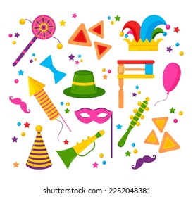 Purim clipart with carnival elements. Happy Purim Jewish festival, carnival, Purim props icons. Vector illustration.