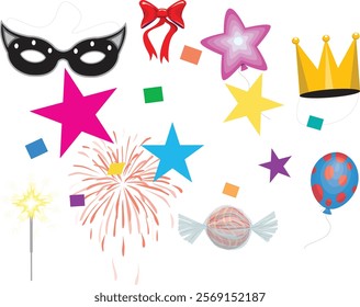 Purim clipart with carnival elements. Happy Purim Jewish festival, carnival, Purim props icons. Vector illustration