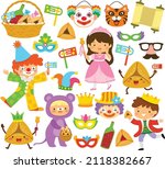 Purim clipart set with kids, costumes, cartoon hamantaschen, noise makers, masks, and other holiday symbols.