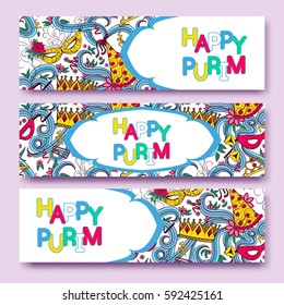 Purim colorful banners collection with carnival masks and jester hats, crowns, traditional Hamantaschen cookies. Vector illustration.