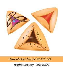 Purim cookie set - Hamantashen cookies. Jewish festive food for Purim holiday. Vector illustration of 3 various cookies named Amman Oznei (Aman ears). Cookies with red jam, chocolate. 