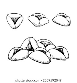 Purim cookies black and white vector illustration. Traditional Jewish triangle pastry Oznei Haman or Hamantaschen set in simple line style for coloring and holiday designs