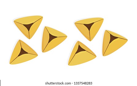 Purim cookies, set of traditional holiday hamantaschen cookies, hamantash cookies, Jewish holiday of Purim, isolated on white background