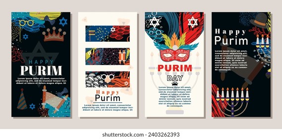 Purim Day Template für Social Media Story und vertikale Banner Set. Vektorgrafik