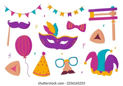 Purim elements set. Vector collection of holiday carnival masks, gragger, Hamantaschen cookies, jester hat, balloon, bow, confetti, party hat and garland isolated on white background