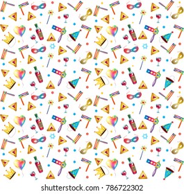 Purim festival jewish holiday seamless pattern with traditional purim symbols, noisemaker, masque, gragger, hamantaschen cookies, crown, star david, clown, festival decoration, carnival vector festive