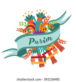 Purim festive greeting card design. With jester's hat, flowers, noisemakers and party favors. EPS 10 vector.