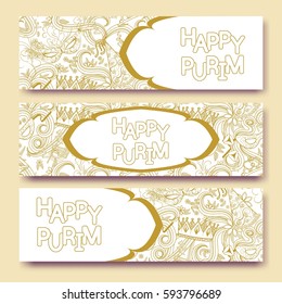 Purim golden banners collection with carnival masks and jester hats, crowns, traditional Hamantaschen cookies. Happy Purim. Vector illustration.