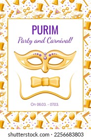 Purim golden poster with mask and bow tie, vector banner, advertising, announcement of an event, holiday invitation with golden seamless pattern.