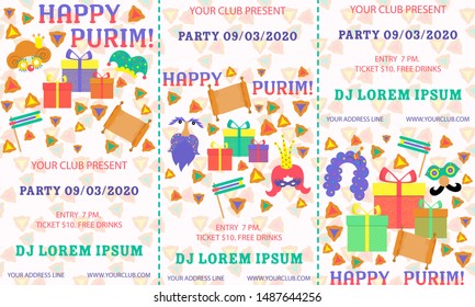 Purim, great design for any purposes. Flyer, banner. Vector banner, poster design. Purim ticket illustration. Party invitation. Cartoon vector illustration. Template greeting. Template ticket.