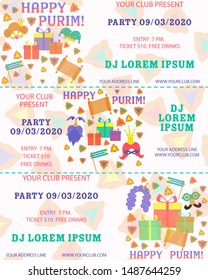 Purim, great design for any purposes. Flyer, banner. Vector banner, poster design. Purim ticket illustration. Party invitation. Cartoon vector illustration. Template greeting. Template ticket.