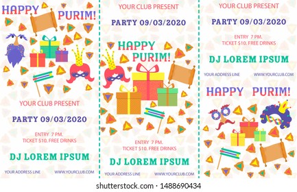Purim, great design for any purposes. Flyer, banner. Vector banner, poster design. Purim ticket illustration. Party invitation. Cartoon vector illustration. Template greeting. Template ticket.