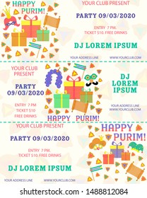 Purim, great design for any purposes. Flyer, banner. Vector banner, poster design. Purim ticket illustration. Party invitation. Cartoon vector illustration. Template greeting. Template ticket.