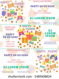 Purim, great design for any purposes. Flyer, banner. Vector banner, poster design. Purim ticket illustration. Party invitation. Cartoon vector illustration. Template greeting. Template ticket.