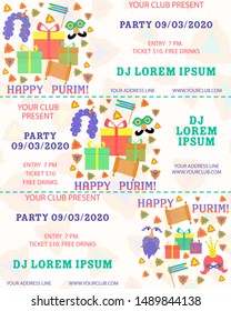 Purim, great design for any purposes. Flyer, banner. Vector banner, poster design. Purim ticket illustration. Party invitation. Cartoon vector illustration. Template greeting. Template ticket.