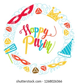 Purim greeting card in doodle style with with carnival mask, hats, crown, noise make and hamantaschen. Colorful vector illustration. Isolated on white background