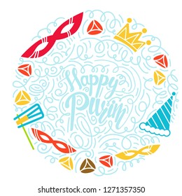 Purim greeting card in doodle style with with carnival mask, hats, crown, noise make and hamantaschen. Colorful vector illustration. Isolated on white background