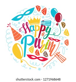 Purim greeting card in doodle style with with carnival mask, hats, crown, noise make and hamantaschen. Colorful vector illustration. Isolated on white background