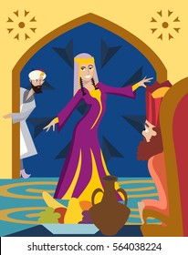 Purim Greeting Card, The Feast Of Esther Funny Cartoon Illustration