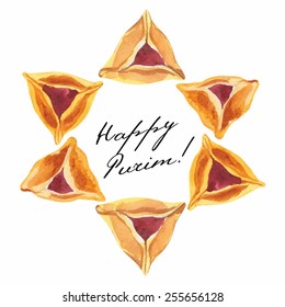 Purim greeting card watercolor Hamantaschen cookies stacked in the shape of a magendavid 