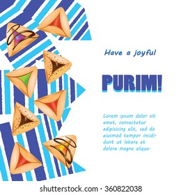 Purim greeting for jewish holiday - Hamantashen cookies / jewish festive food for Purim celebration. Cookies named Amman Oznei (Aman ears) oh grunge striped flags background. Purim page design.