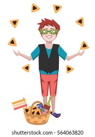 purim greetings, boy juggling with hamantaschen - vector cartoon