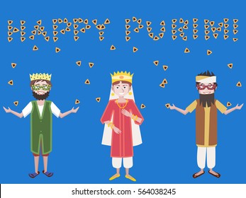 purim greetings, kids with hamantaschen - vector cartoon illustration