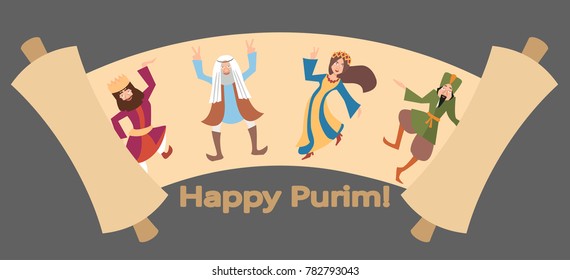 purim greetings, Megillat Ester with dancing characters - cartoon vector illustration in flat style