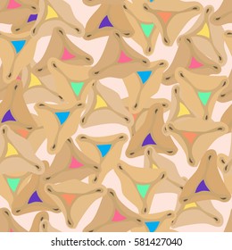 Purim hamantaschen seamless pattern. Jewish traditional dish on the holiday of Purim. endless background, texture, wallpaper. Vector illustration