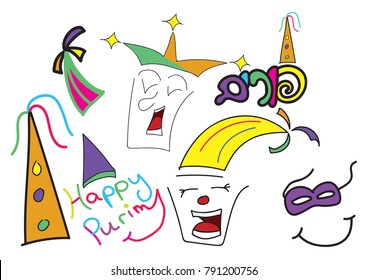 Purim hand drawn clowns, mask and text