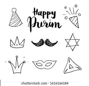 Purim Hand drawn icons set. Traditional Jewish holiday doodles elements. vector illustration isolated on white background